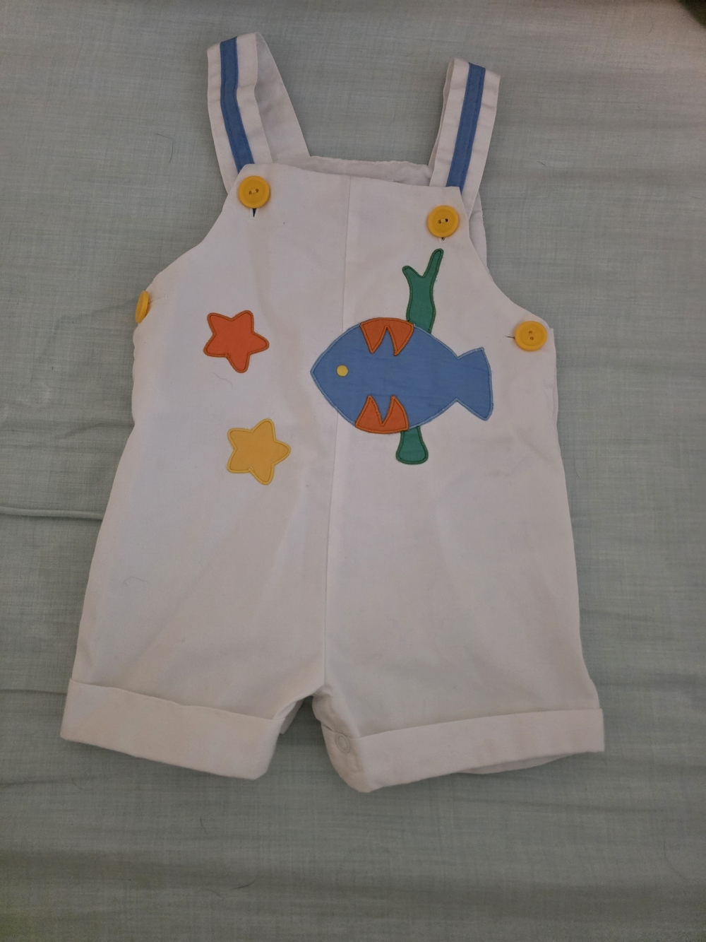 Vintage White Kids Fish Applique Short Overalls